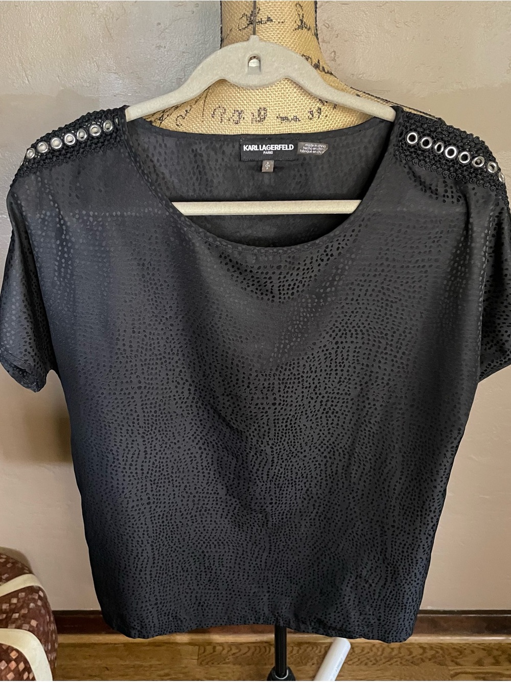 Karl Lagerfeld Black Short Sleeve Top with Silver Eyelet Shoulder Detail